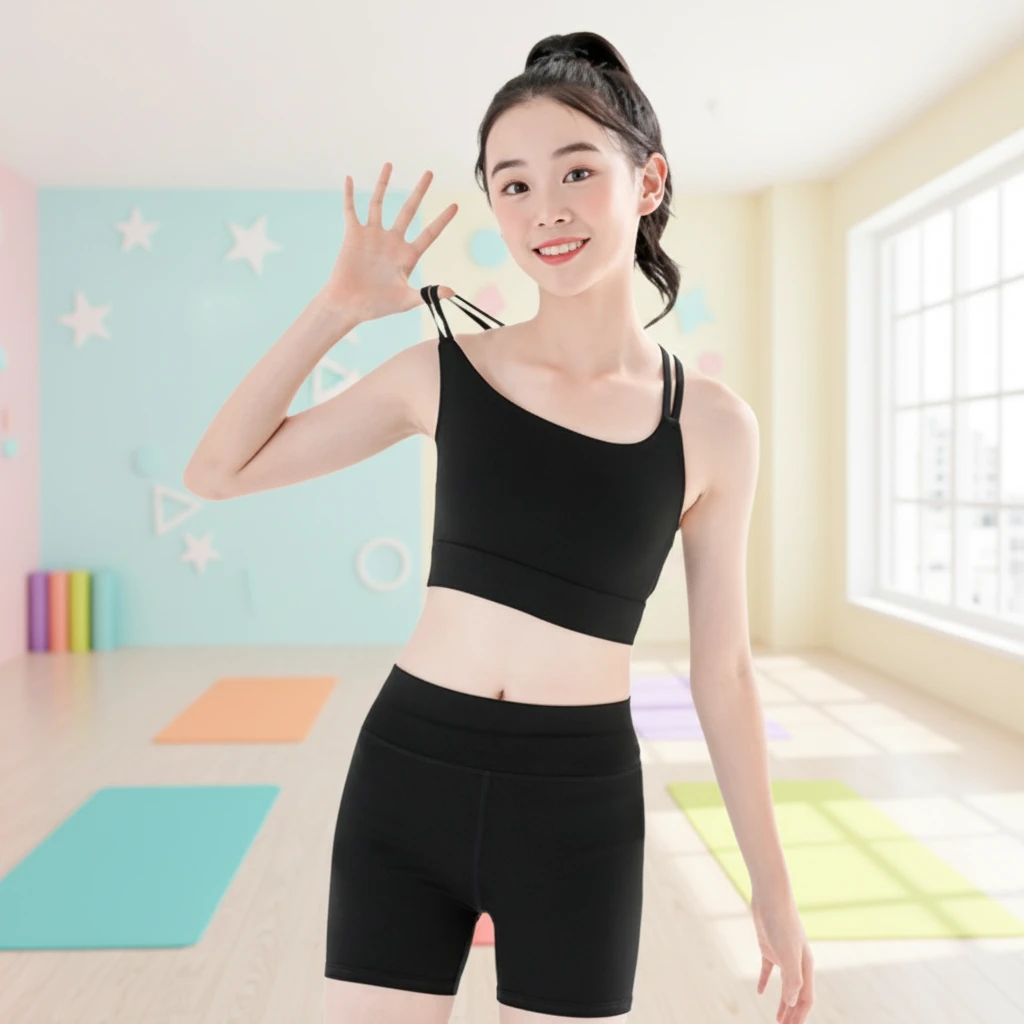 Girls' Solid Breathable Yoga Suit Sports Running Short Vest Children's Fitness Training Cropped Shorts Two-piece Elastic Waist