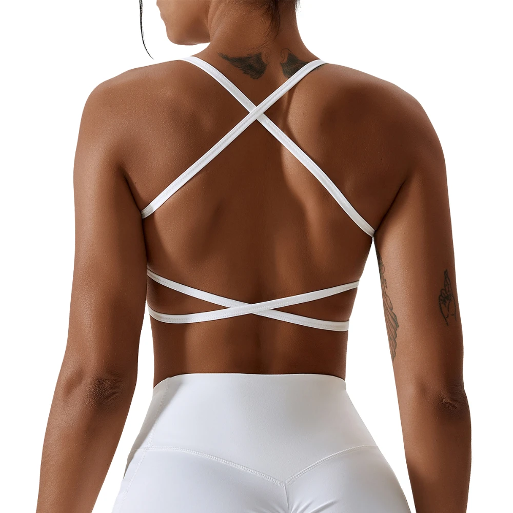 Custom logo Quick Drying Breathable Naked Sensation Thin Shoulder Straps Crossed Yoga Sports Bra for Women