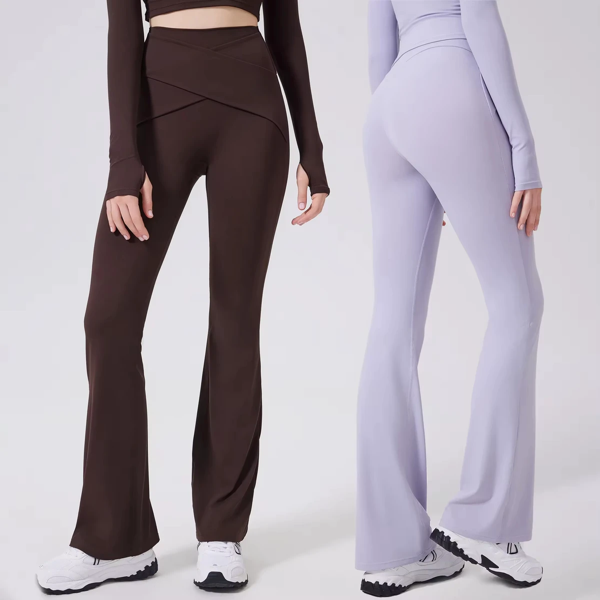 Custom Buttery Soft High Waist Tummy Control Elastic Cross Waistband Flared Pants Fitness Gym Workout Yoga Leggings for Women