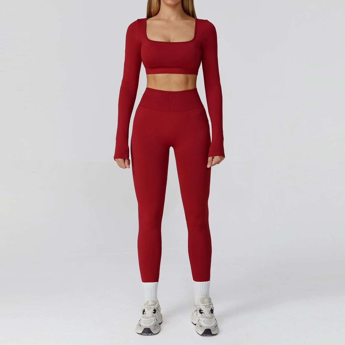 Seamless 2 Piece Ribbed High Waist Women Long Sleeve Crop Top Slim Fit Outdoor Running Fitness Workout Gym Clothing Yoga Set