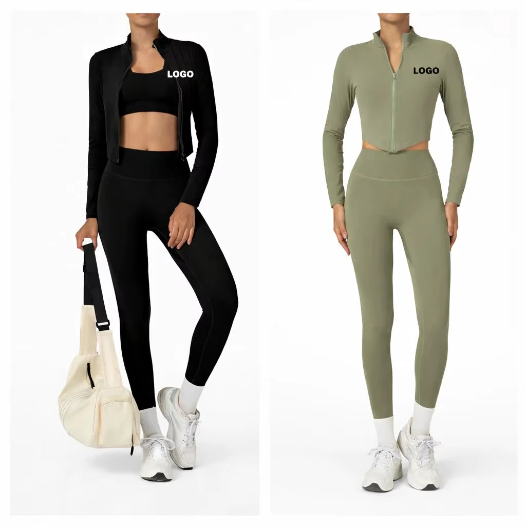 Women's 3-Piece Yoga Set High-Waist Leggings Seamed Stand Collar Jacket Breathable High-Stretch Polyester/Spandex Solid Pattern