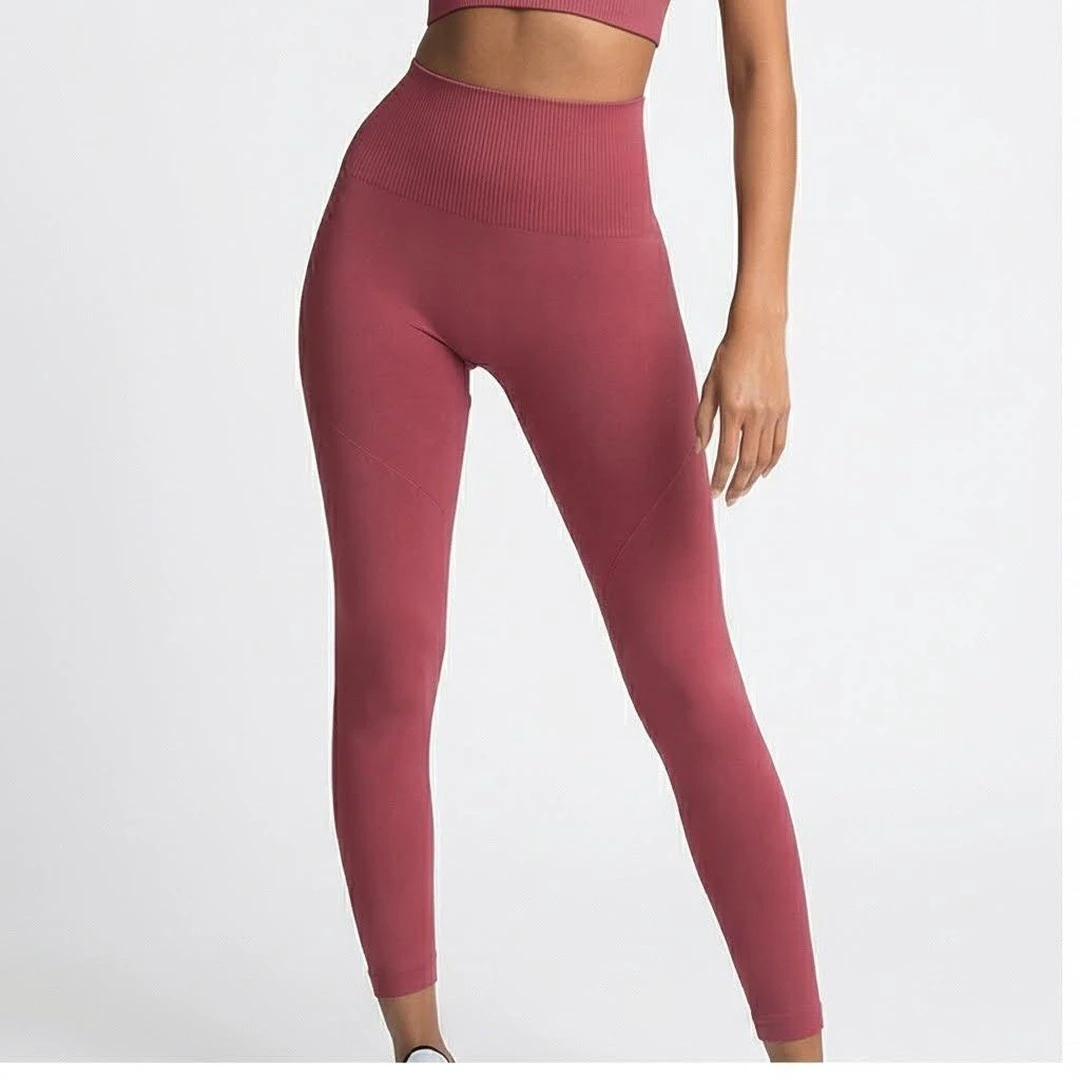 High Waist Full Length Yoga Leggings Solid Color Ribbed Waistband Seamless Spandex Nylon Four-Way Stretch Women's Sportwear