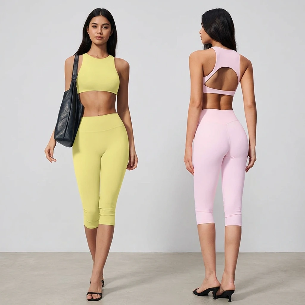 Joyu Women High Waist Capri Leggings Set Brushed Cropped Yoga Sports Wear Tummy Control Fitness Workout Set