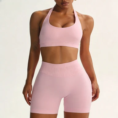 Custom Gym Halter Neck Sports Bra High Waist Workout Biker Running Butt Lifting Shorts Tummy Control Yoga Sets