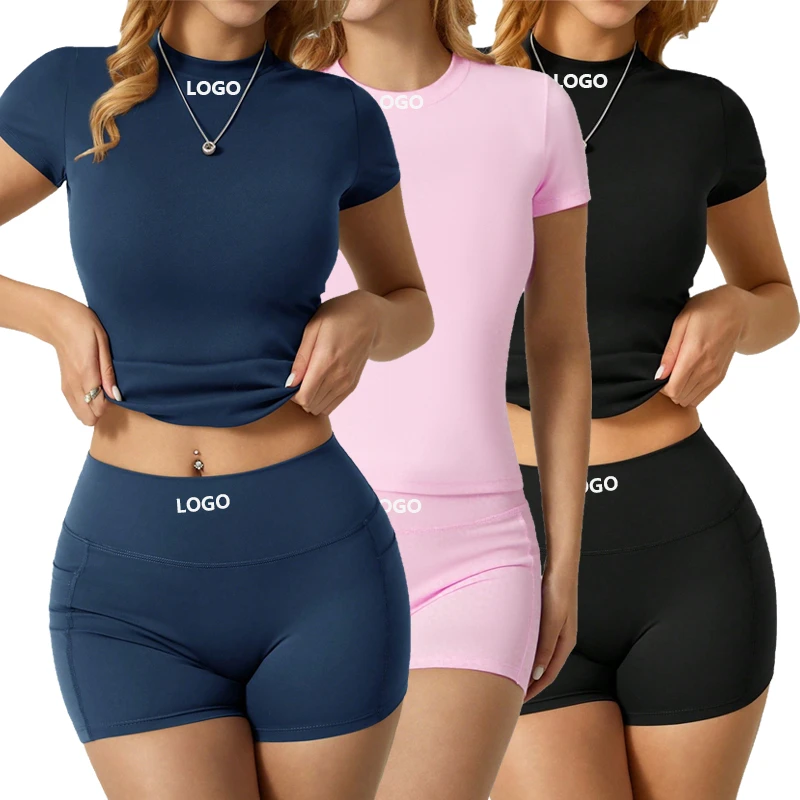 Custom Women Crew Neck Short Sleeve Shorts Set Seamless High Stretch Breathable Quick Dry Yoga Gym Fitness Workout Activewear