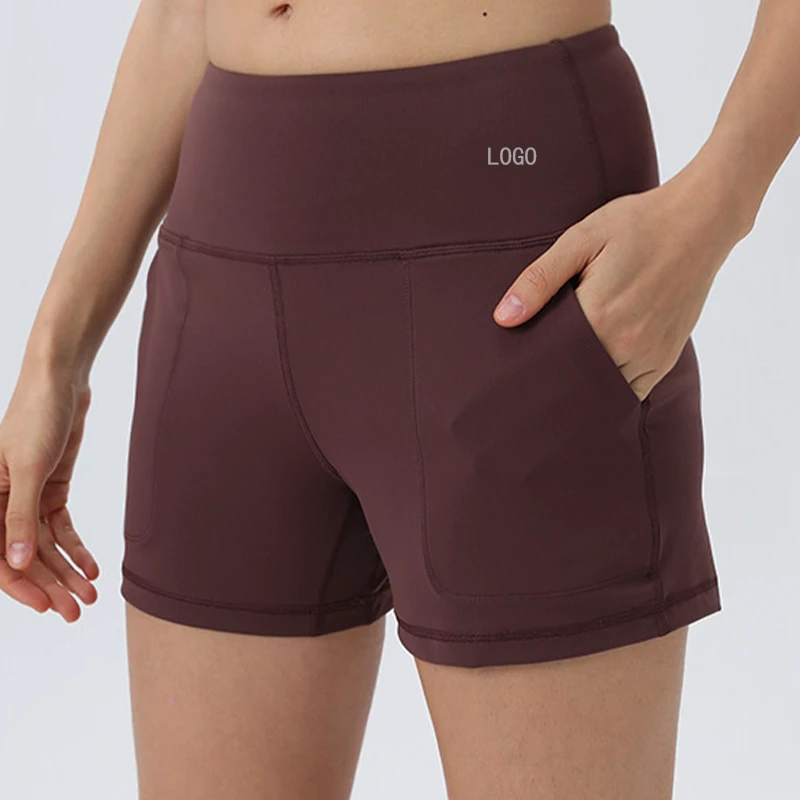 Women's High Elastic Nylon Shorts with Pockets Custom Logo High Waisted Casual Sports and Yoga Pants Solid Pattern Wholesale