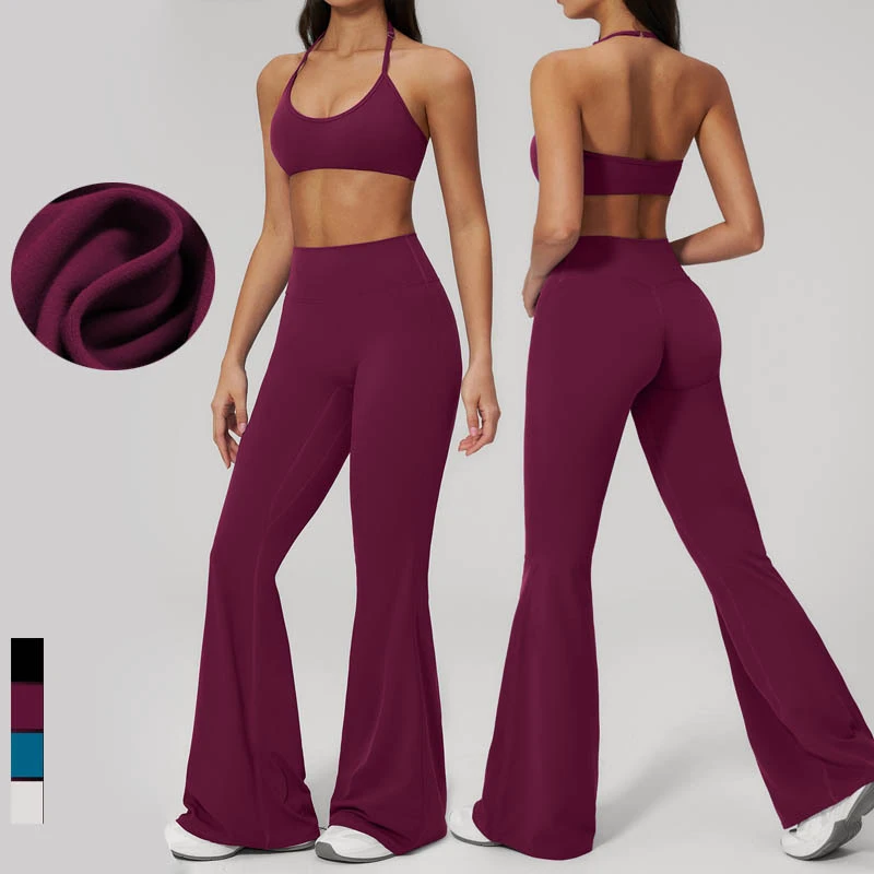 SHINBENE Women's Plus Size Breathable 2 Piece Tracksuit Sets Sexy Halter Neck Crop Tops and Flare Pants Casual Workout Outfits