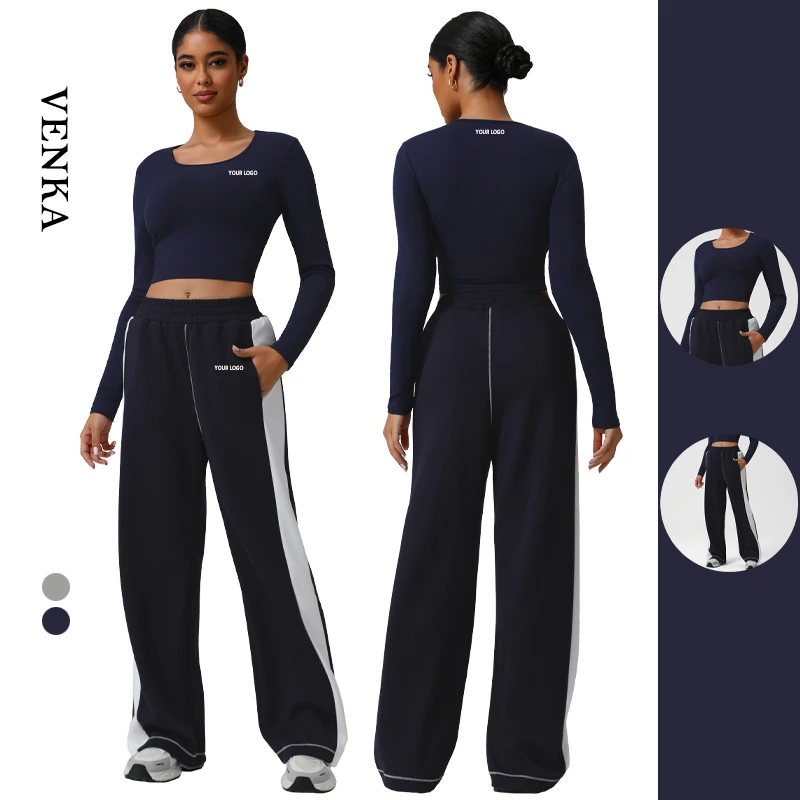 Women Gym Fitness Workout Wear High Waist Loose Wide Legs Pants Suit Round Neck Ribbed Long Sleeves Corp Top Ladies Yoga Set