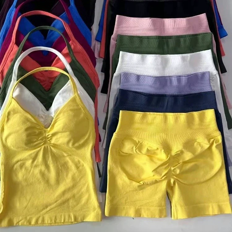 2-piece Set of Plus Size Solid Color Sports Suit Women's Backless Hanging Neck High Waist Seamless High Support Fitness Shorts