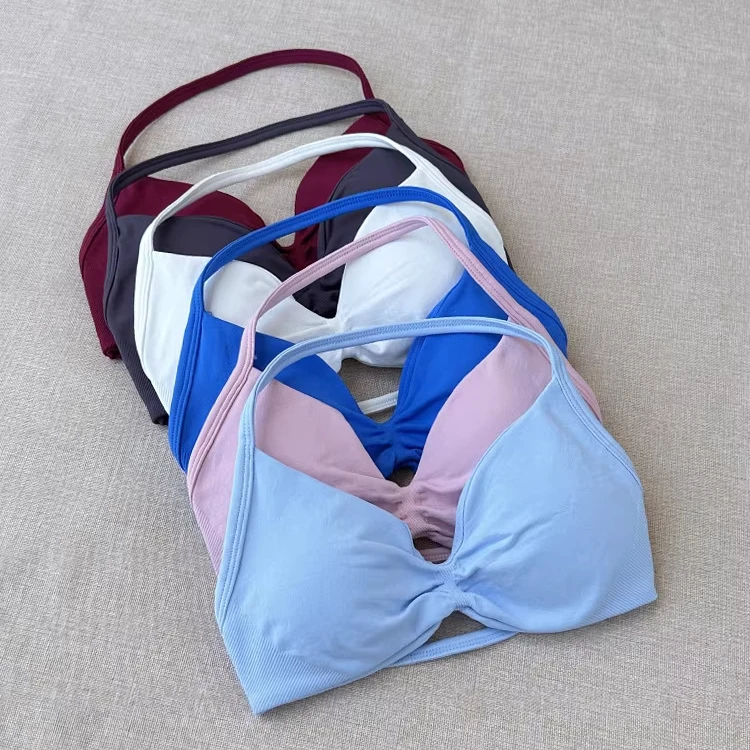 Impact Strappy Bra Dynamic Macron Color Strappy Halterneck Yoga Gym Removable Cups Women Cycling Fitness Top Halter Sport Bra