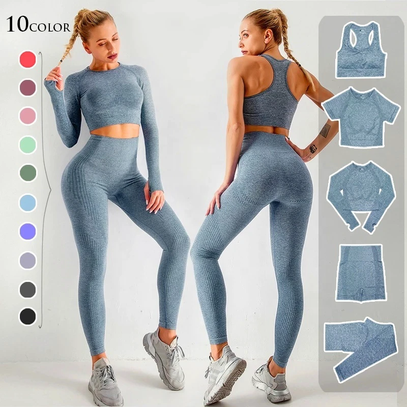 5PCS Seamless Women Yoga Workout Sportswear Gym Clothing Fitness Long Sleeve Crop Top Set High Waist Leggings Sports Suits
