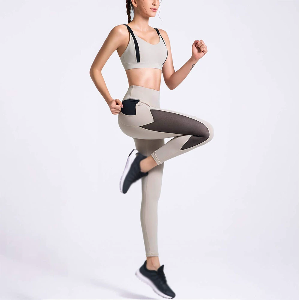 Women's High Waist Color Blocking Yoga Leggings With Pockets Full Length Seamless Four-Way Stretch Activewear Pants