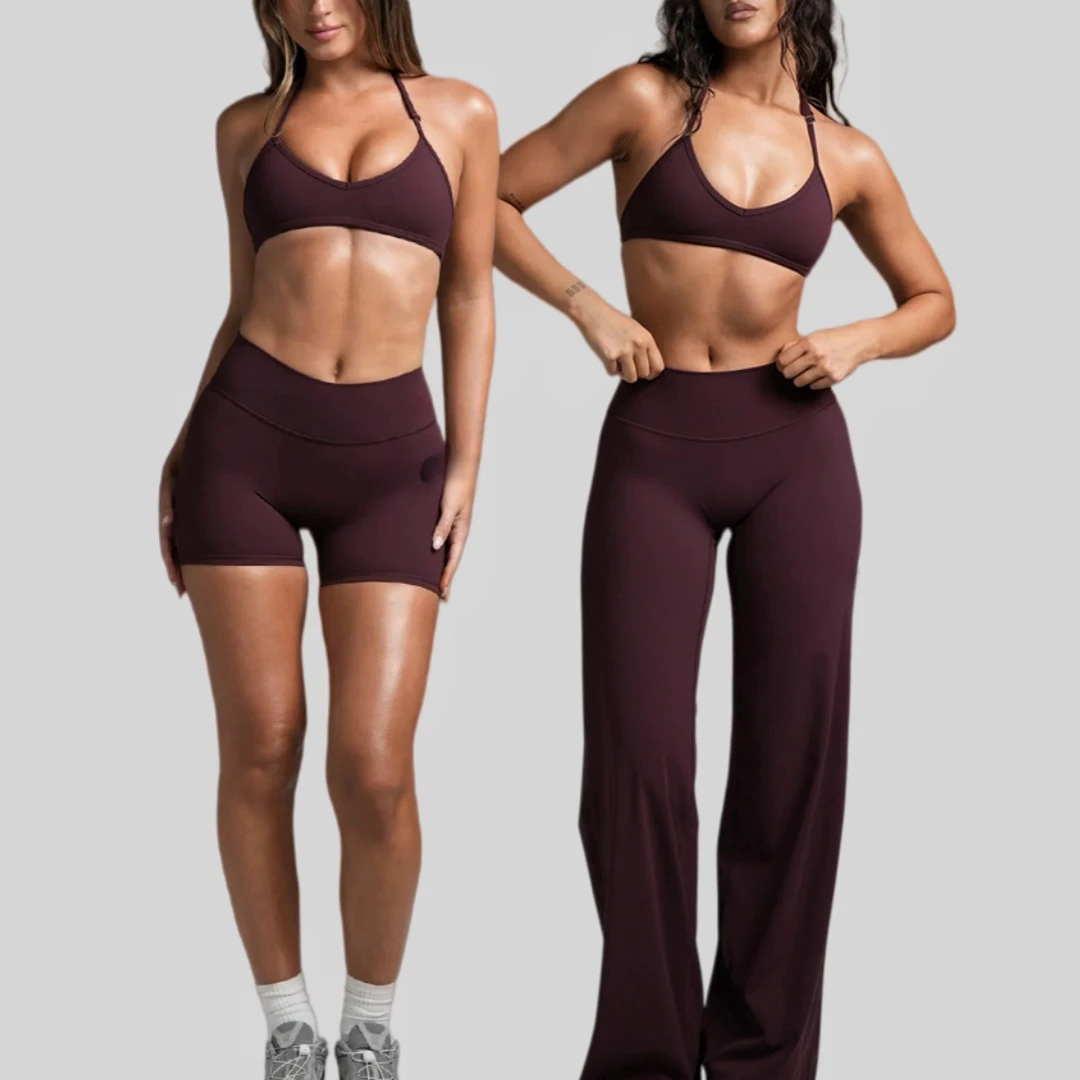 Custom Breathable Four-Way Stretch Quick Dry Plus Size Backless Sports Bra High-Waisted Front 2-Piece Yoga Set WIDE LEG Shorts
