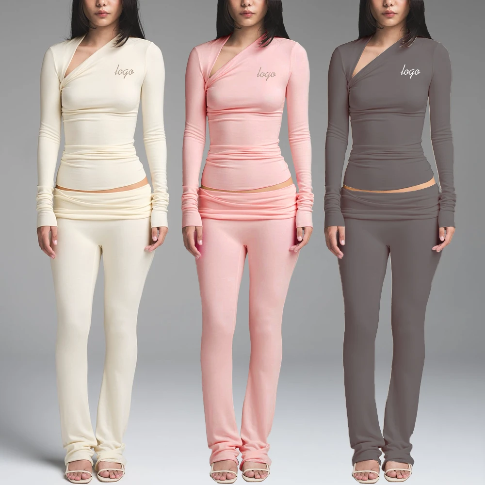 Custom Women's Two-Piece Yoga Set Short Top Slim Skinny Fit Foldover Pants Casual Embroidered Daily Wear Spandex/Cotton Summer