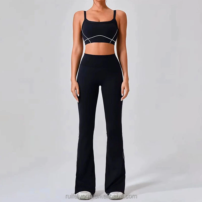 Custom Logo Contrast Side Stripe High Waist Gym Fitness Flared Leggings and Sports Bra Workout Pilates 2 Piece Women Yoga Sets