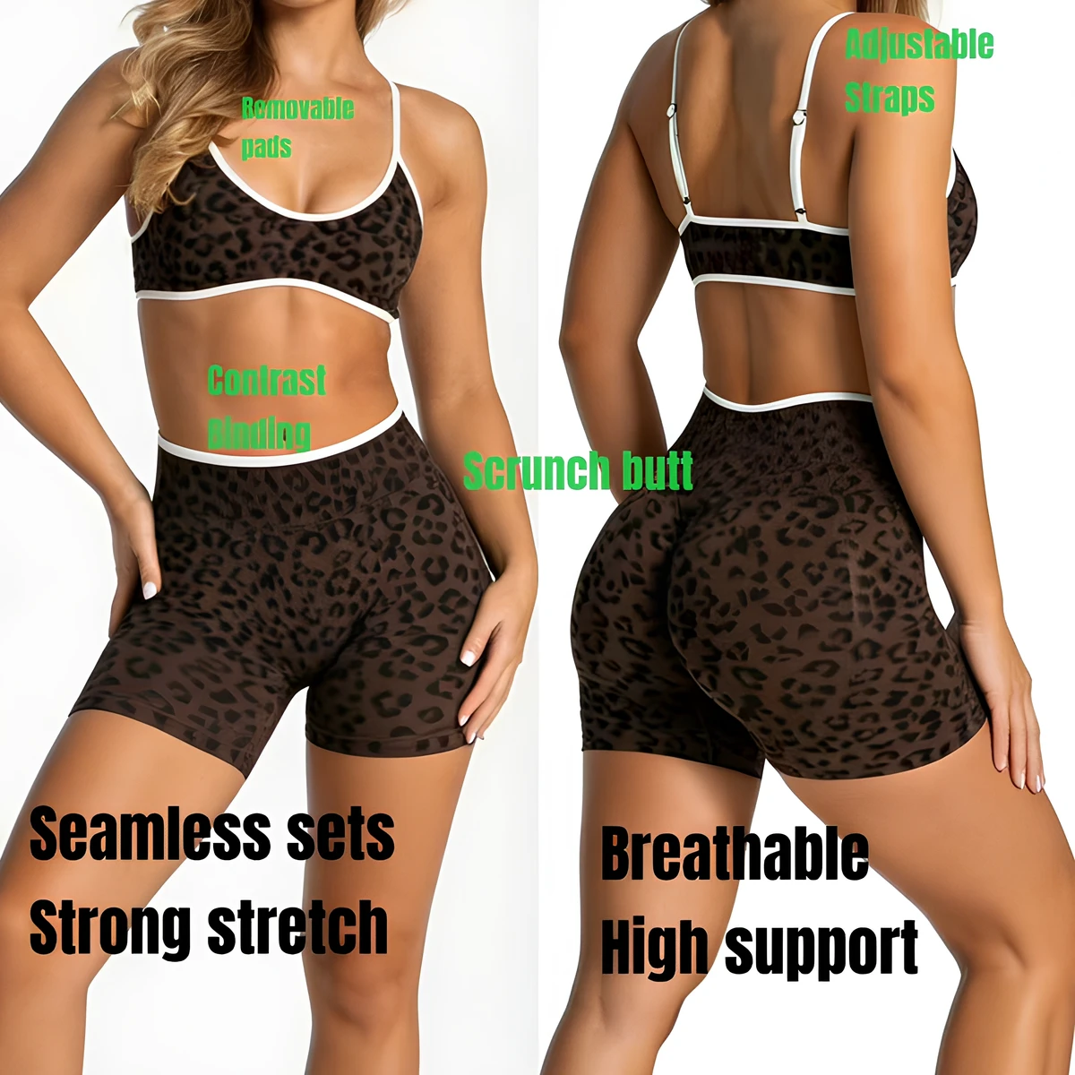 Cheetah Print Women's Seamless Shapewear Sports Bra Shorts 2 Pieces Yoga Gym Fitness Workout Set For Women Ropa Deportiva Mujer