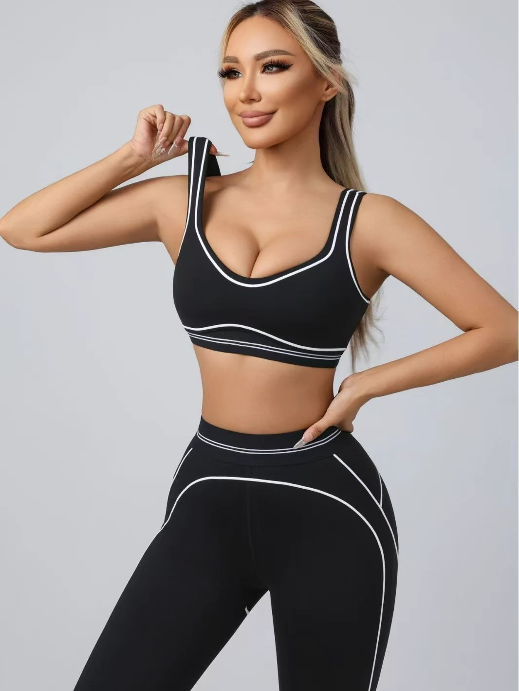 Two Piece Spandex/nylon Sports Bra Leggings Set, Quick Drying, Breathable, Elastic Waist, Custom Logo, Women's Yoga Sweat-Wi...