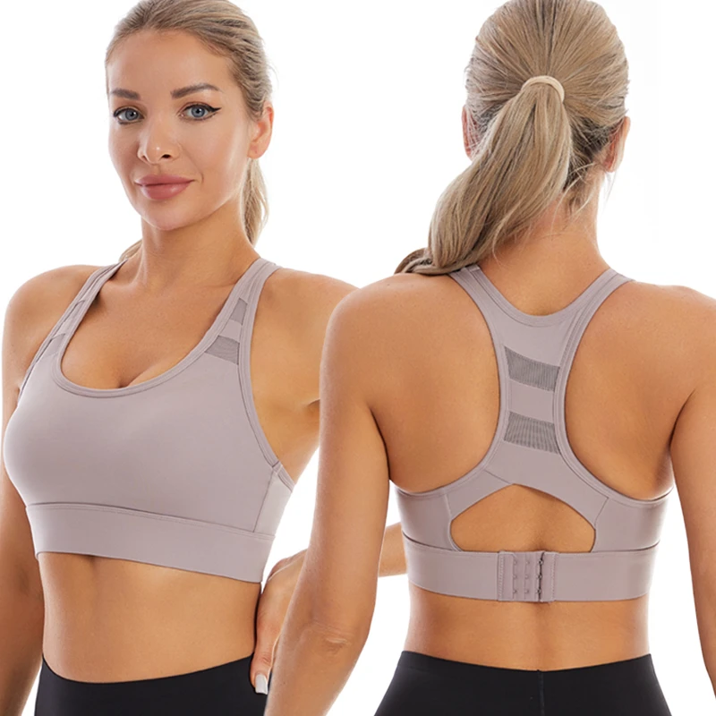 Custom Logo Women Sport Bra Mesh Splice Racer Back Hook Fixed Cup High Impact Pilates Running Yoga Quick Dry Gym Top for Girls