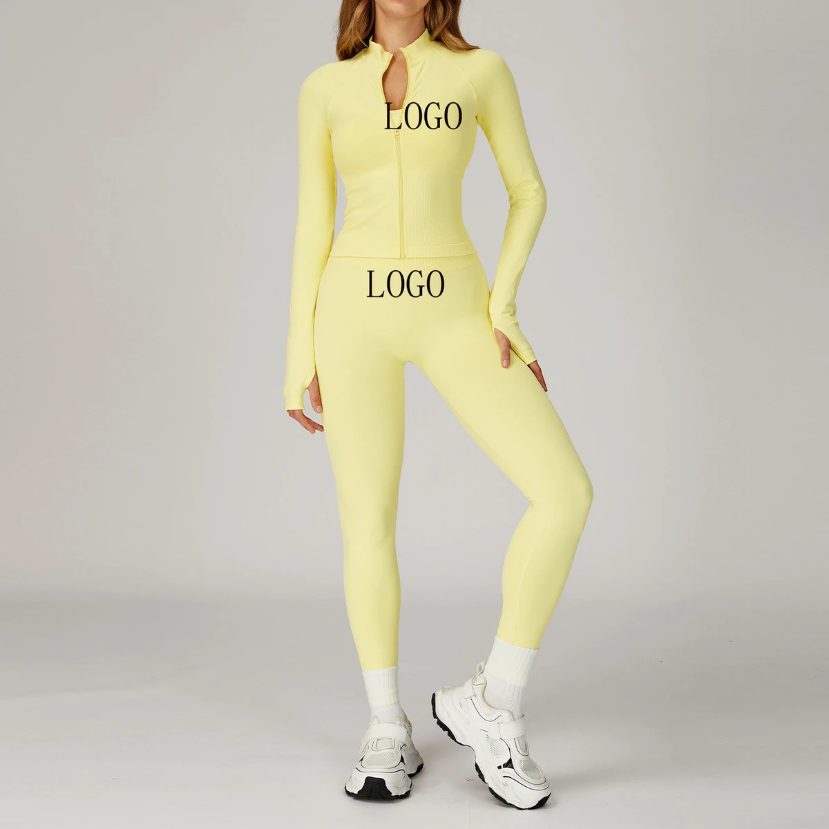 Women's Yoga Set Quick-Drying Elastic Waist Customizable Logo Solid Pattern Jacket Pants Leggings Sports Fitness Tight Seamless