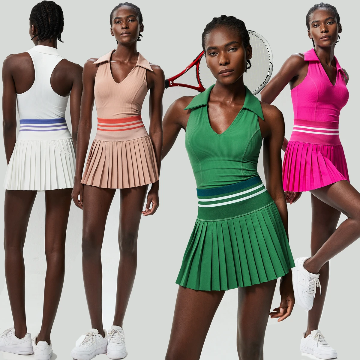 New Women's Two-Piece Anti-Walking Quick-Drying V-Neck Yoga Fitness Sets High Waist Rib Tennis Skirt Dress Suit With Chest Pad