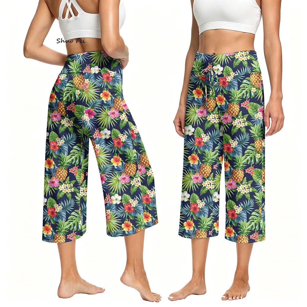 Women's High-Waisted Yoga Calf-Length Drawstring Pants Tropical Pineapple Print Four-Way Stretch Quick Dry Eco-Friendly