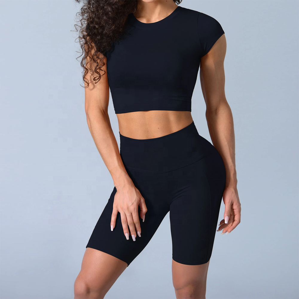 Wholesale Fitness Gym Clothing Custom 2 Piece Set Women High Waist Biker Shorts And Crop Top Sport Yoga Sets