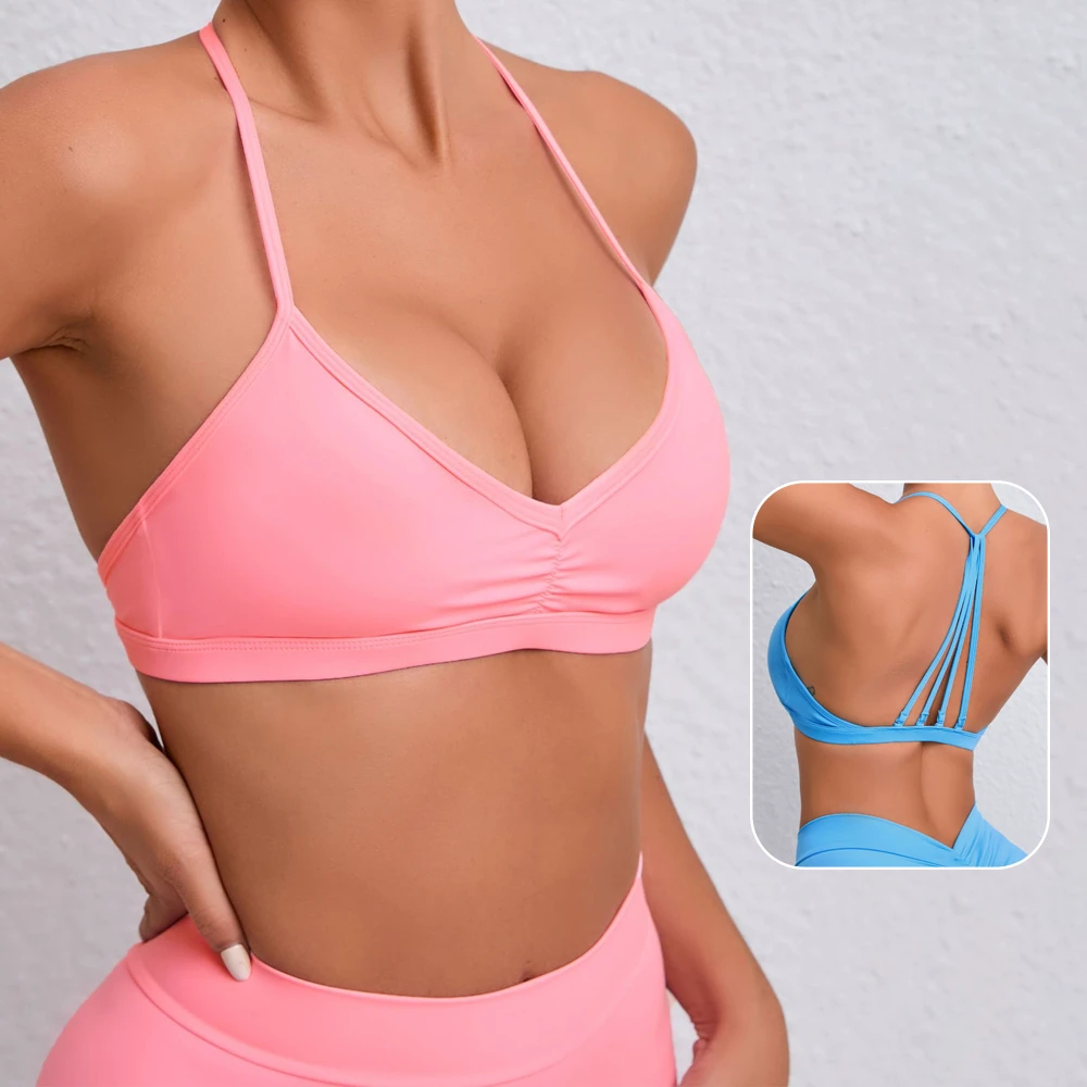 SHINBENE Slim Fit Sports Bra Women Light Support Spaghetti Strap Halter Top Gym Bra With Padded