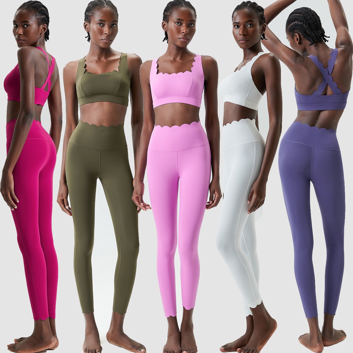Women's Cross-Border Large Size Solid Yoga Suit Tight-Fit Sports Fitness Two-Piece Front Breathable Spandex/Nylon High-Waisted