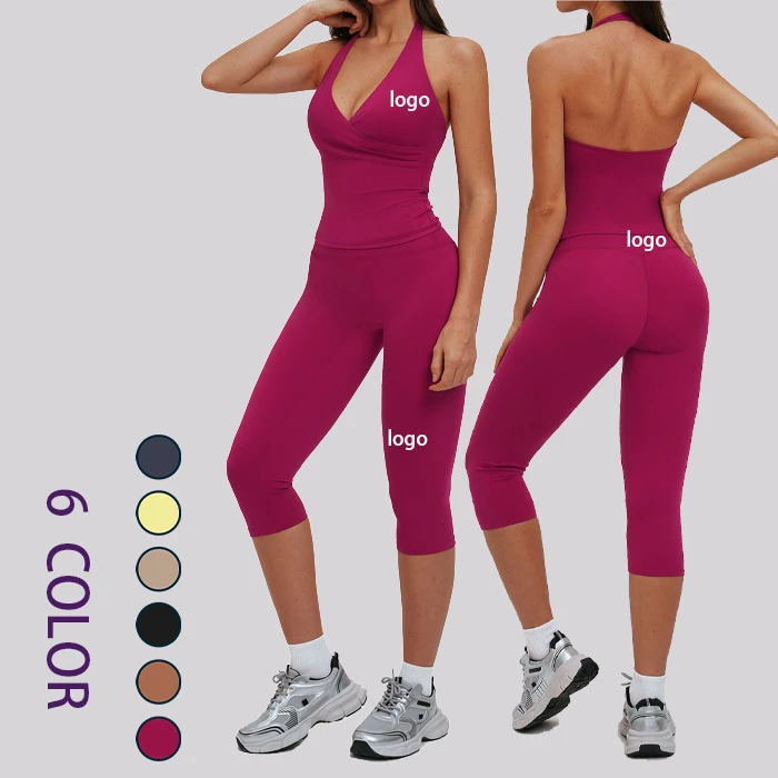 Halter Neck Buttery Soft Activewear Tumnmy Control Workout Yoga Sets High Waist Scrunch Butt Yoga Sets Fitness Women