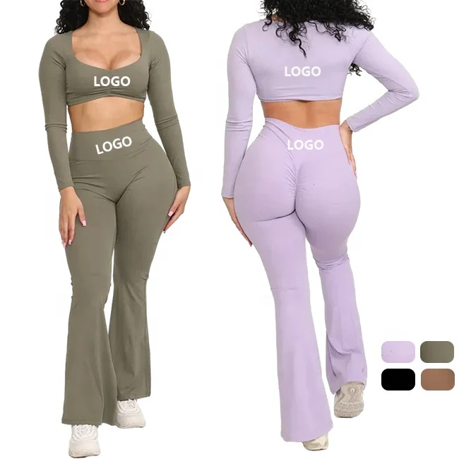 New Scrunch Flare Leggings Gym Sets for Women 2 Piece Yoga Sets Workout Gym Sets Long Sleeve Crop Top Fitness Pants Suit