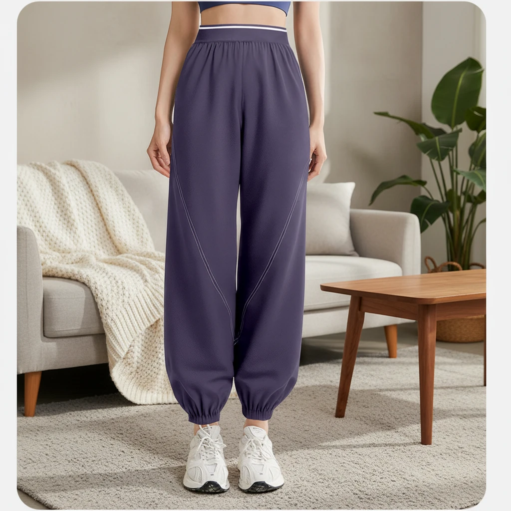 Women's Solid Four-Way Stretch Spandex/Nylon Breathable Quick-Dry Elastic Waist Casual Pants High Waisted Loose Leg Yoga