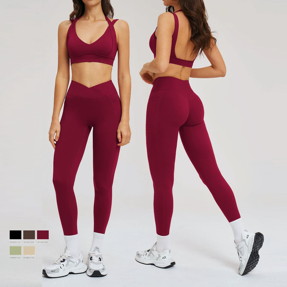 Women 2 PC Seamless Backless V Neck Yoga Bra Set Cross High Waist Breathable Solid Slim Fit Running Leggings Gym Set for Women