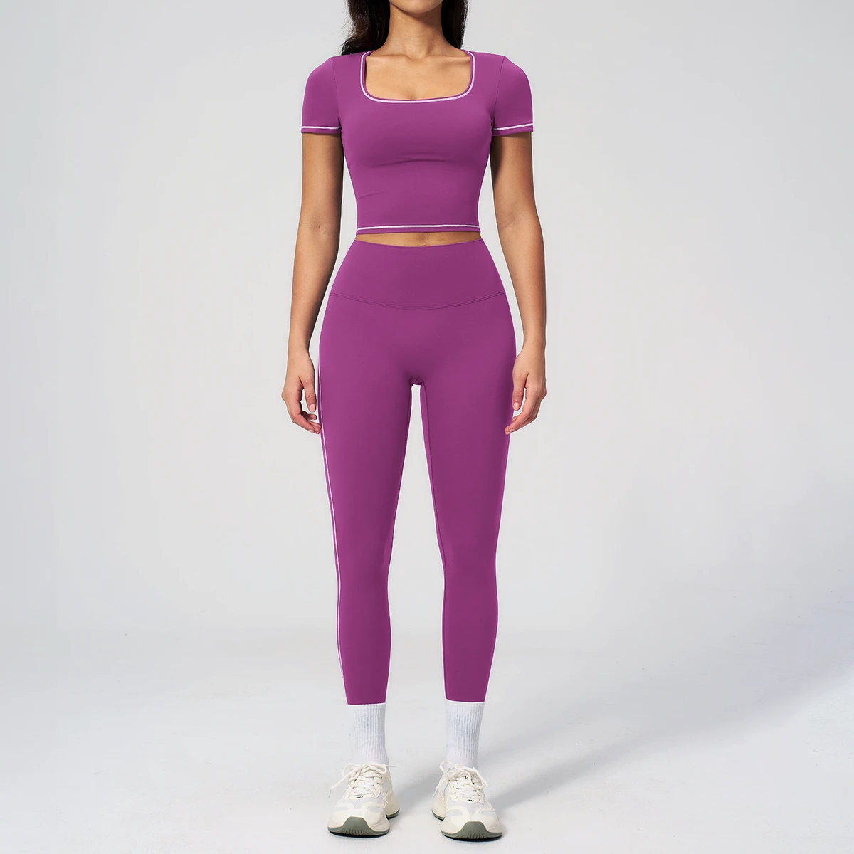 Simple Tight Sports Yoga Wear 2 Piece Sets for Women High Elastic Breathable Butt Lift Workout Leggings Crop Tops Sets