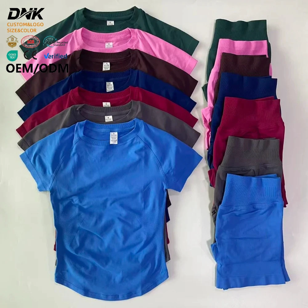 2 Piece Sets Women Outfit Longline Short Sleeve Gym Crop Top High Waist Workout Shorts Sports Suit Fitness Clothes Yoga Set