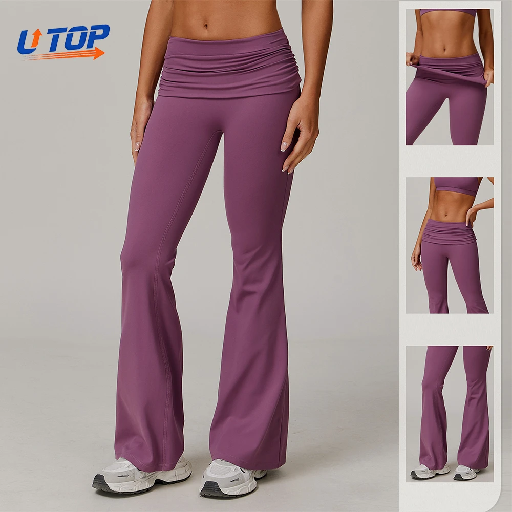 Women's High-Waist Quick-Dry Butt-Lifting Flared Yoga Pants Quick-Dry Gym Fitness Fold Over Gathered Casual Sports Yoga Leggings