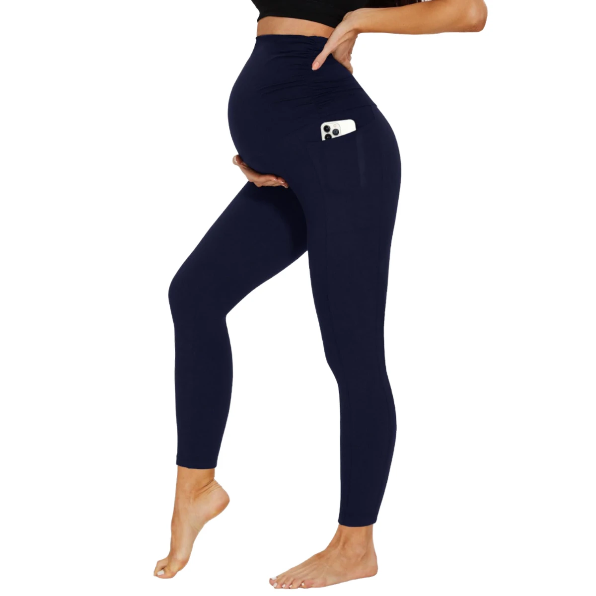 Maternity Yoga Workout Pants for Women High Waist Gym Leggings Skinny Fit Solid Pattern with Flare Pregnant Clothing with Pocket