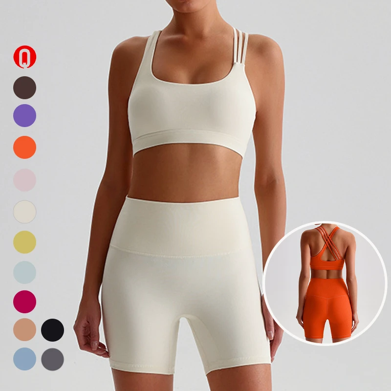 Sportswear Women Yoga Set Custom Cross Back Straps Bra High Waist Hip Shorts Sportswear 2 Piece Yoga Set Female Gym Fitness Sets