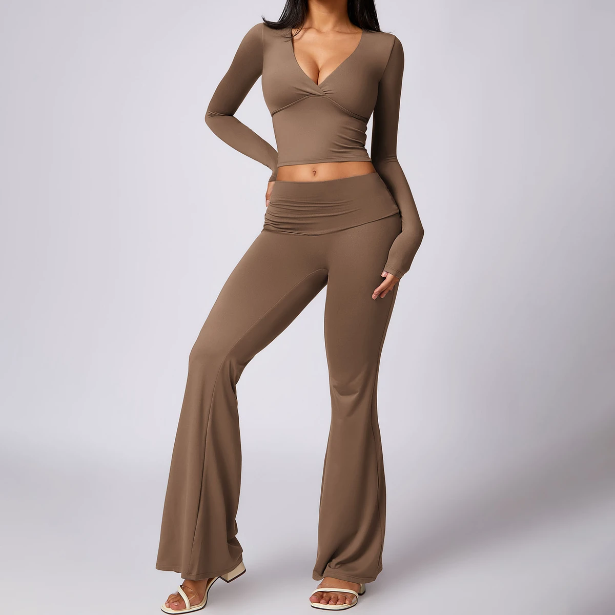 Woman Long Sleeve Deep V Neck Sexy Padded Workout Tops and Folded High Waist Gym Flared Leggings 2pcs Casual Yoga Sets