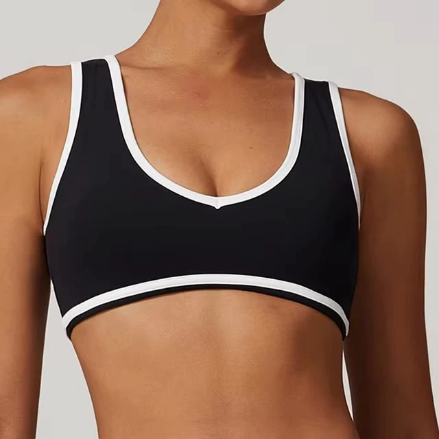 Custom Logo Breathable Adjustable Workout Yoga U Neck Contrast Block Color Longline Backless Sports Bra for Women