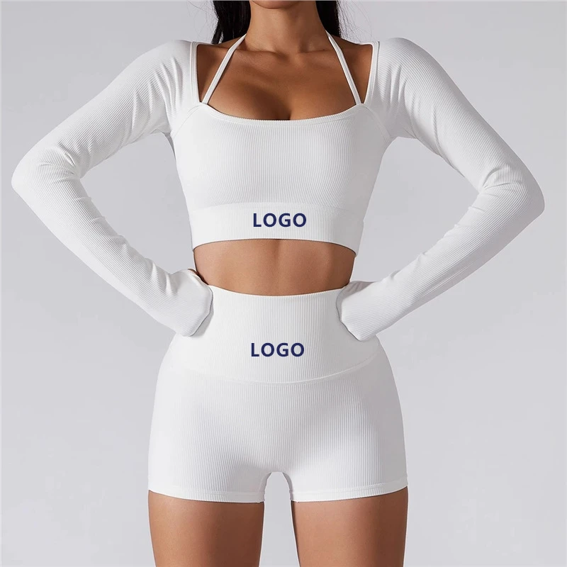 Women's Yoga Halter Neck Solid Breathable Sweat-Wicking Quick-Drying High Waist Four-Way Stretch 2-Piece Sports Set Long-Sleeved