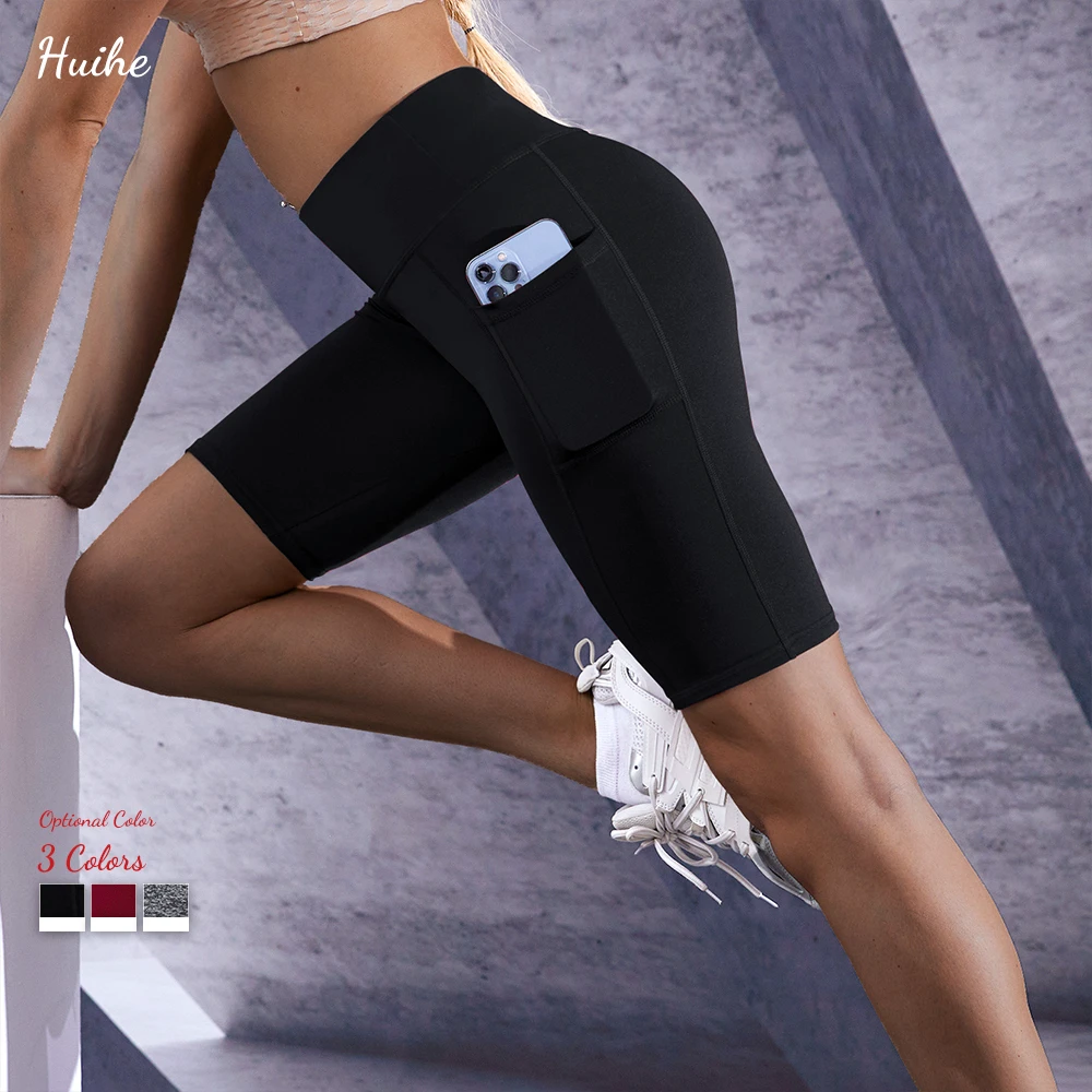 Huihe Fitness Yoga Wear High Waisted Elastic Slim Fit Running Yoga Pants Women Shorts With Pocket