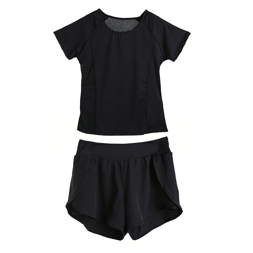 Women's 2 Piece Yoga Outfits - Short Sleeve Mesh Back Workout Top & High Waist Running Shorts Set for Fitness Gym