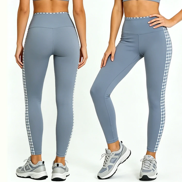 2 In 1 Grid Pattern Contrasting Colors Tummy Control Gym Fitness Workout High Elasticity Straight Wide Yoga Pant Leisurewear