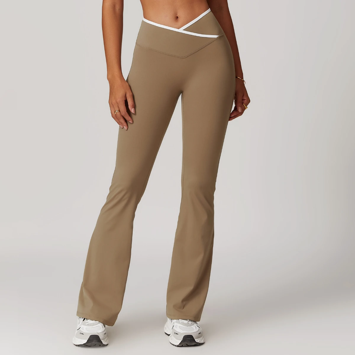 Women's Sports Fitness Pants Yoga Flares Cross-Over High-Waisted Wide-Leg Bell-Bottom Pants Elastic Waist Closure Custom Push-Up