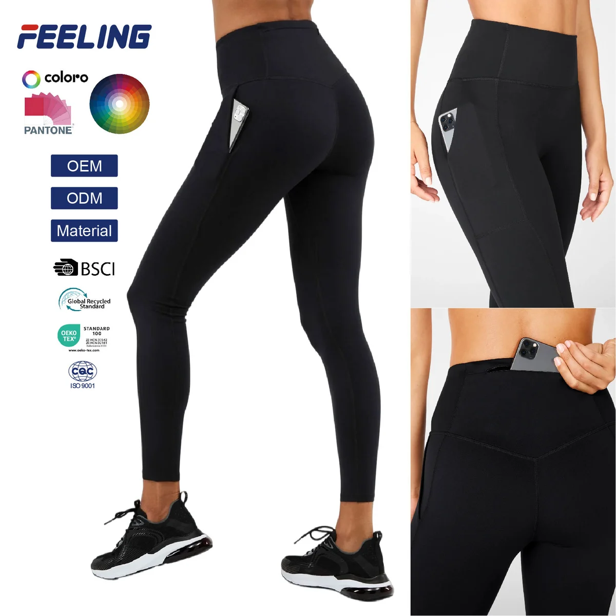 High Compression Gym Leggings Pants for Women High Waist Yoga Sports Moisture Wicking 4-Way Stretch with Zip Pocket OEM ODM