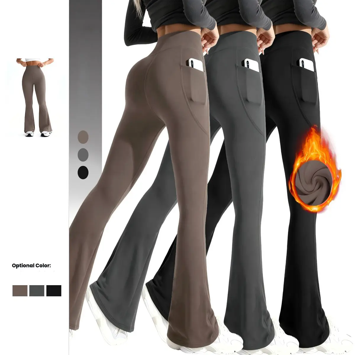 High Waist Solid Full Length Yoga Flared Pants with Side Pocket Hip-lifting Warm Quick Dry Breathable Gym Leggings for Women