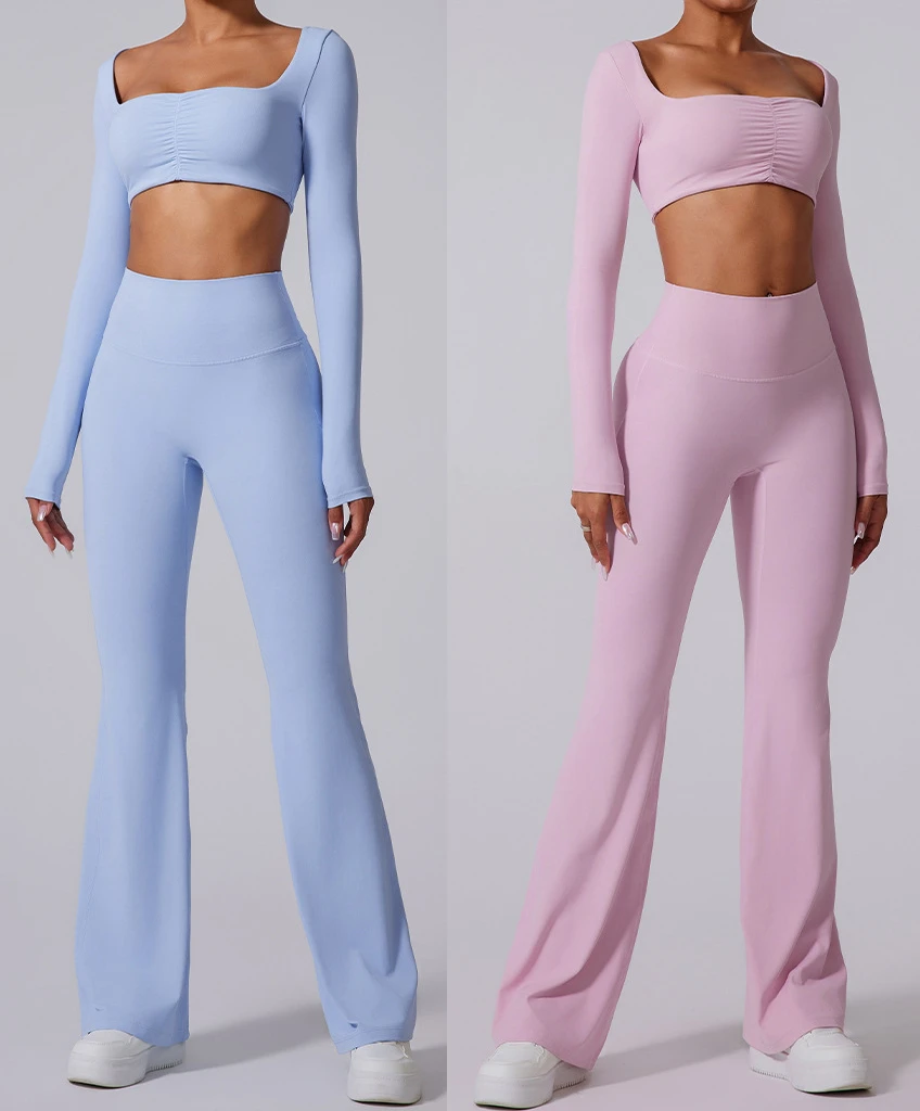 New Style Flared Pants High Waist Sports Tights Women's Tops square Collar Yoga Set Sexy Cup Pleated Sports Suit Long Sleeves