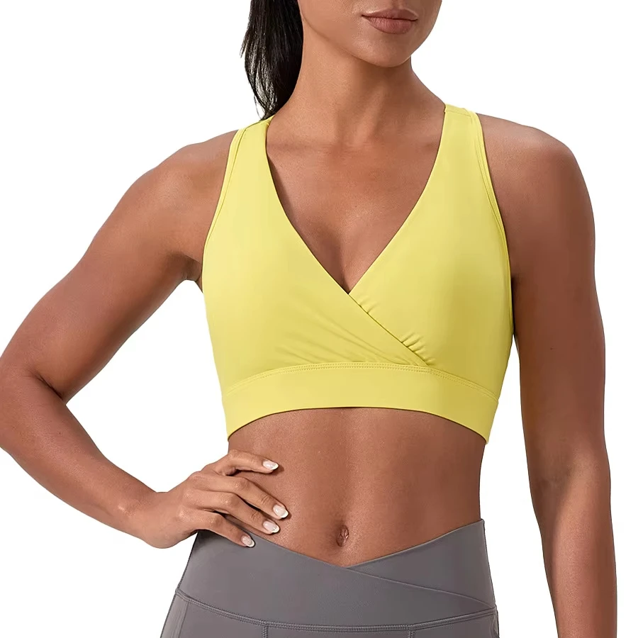 New Style Women's Crossover V-Neck Sports Bra with Wide Straps and Stretch Support Band Breathable Sports Yoga Bra for Woman