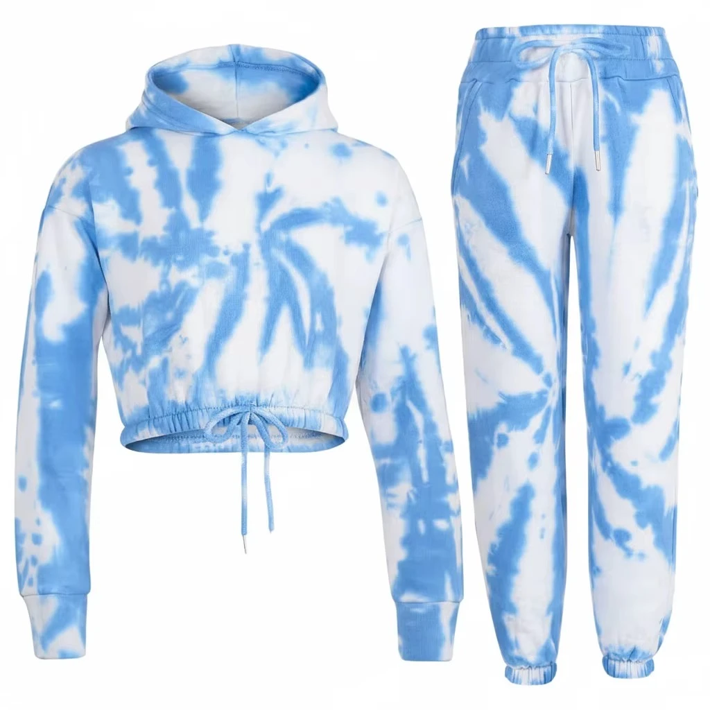 2026 Top Selling Mens Blue White Acid Wash Sublimated Jogger Set 100% Polyester Tracksuit Crop Top Hoodie Fleece Yoga Pants