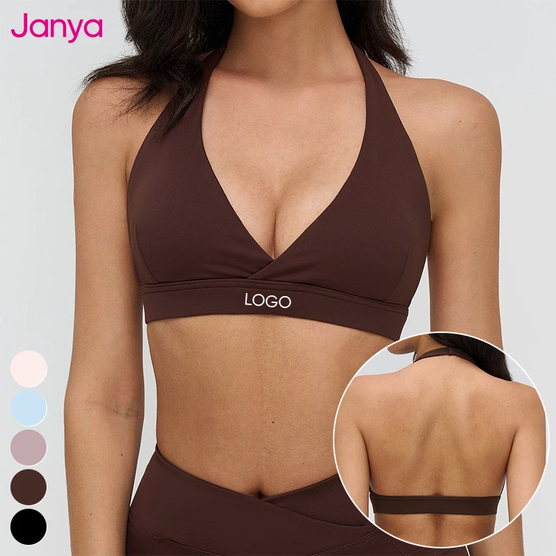 Janya High Quality Deep V-neck Backless Running Top Custom Logo Sportswear Gym Fitness Wear Halter Yoga Bra Sports Bra for Women